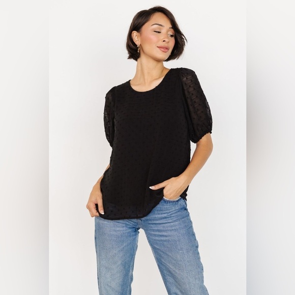 NWT Baltic Born Tawnie Swiss Dot Black Short Puff Sleeve Top Size Large - Picture 1 of 13